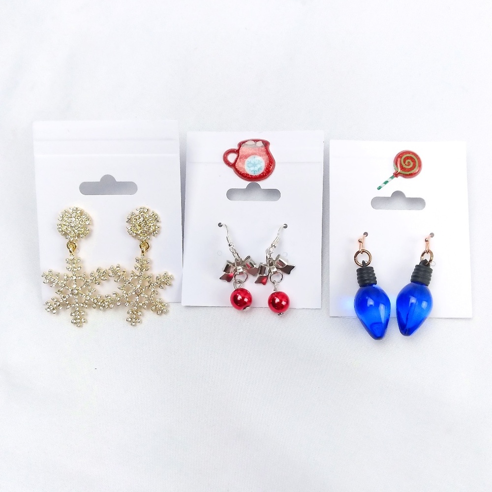 3 Pairs Christmas Dangle Earrings Sparkle Snowflake Blue Light Bulb Ball NEW
